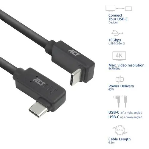 ACT USB 3.0 10Gbps 60W USB Type-C (haaks links/rechts) naar USB Type-C (haaks boven/beneden) kabel, 0,5 meter