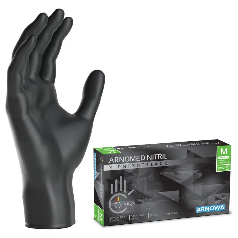 ARNOMED wegwerphandschoenen zwart, nitril handschoenen M, 100 stuks per doos, poedervrij & latexvrij, verkrijgbaar in maat XS, S, M, L, XL & XXL