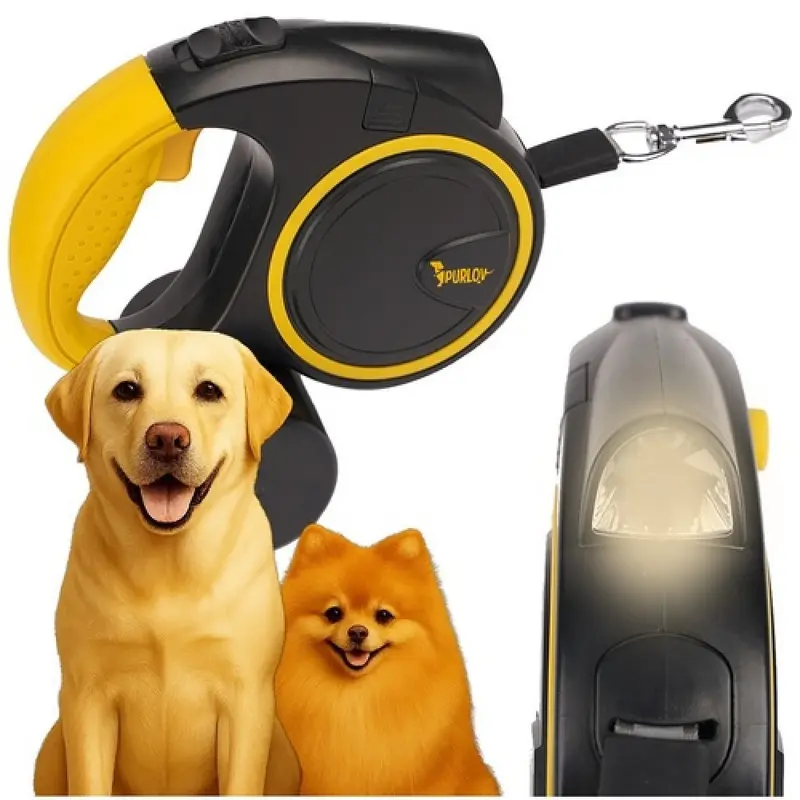Automatische hondenriem met LED-zaklamp – 5 m – voor honden 10–25 kg – zwart/geel