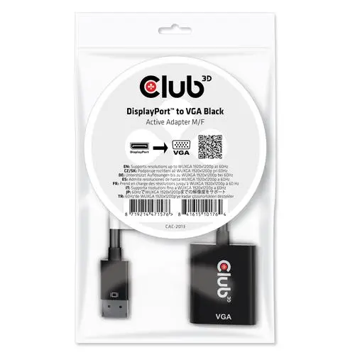 Club 3D DISPLAY PORT 1.1A MALE TO VGA FEMALE ACTIVE ADAPTER BLACK