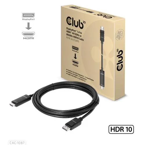 Club 3D DisplayPort 1.4 to HDMI 4K144Hz or 8K60Hz HDR10 cable 3m