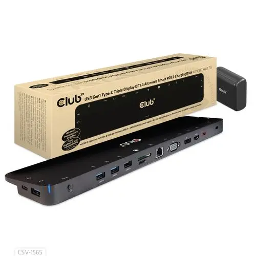 Club 3D USB Gen1 Type-C Triple Display DP1.4 Alt mode Smart PD3.0 Charging Dock with 100 Watt Power Supply