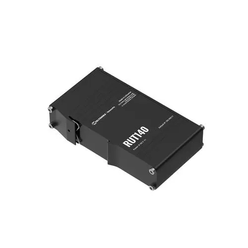 Compact industrial Ethernet router equipped with two Ethernet ports DIN rail bracket and an industrial 3-pin connector.