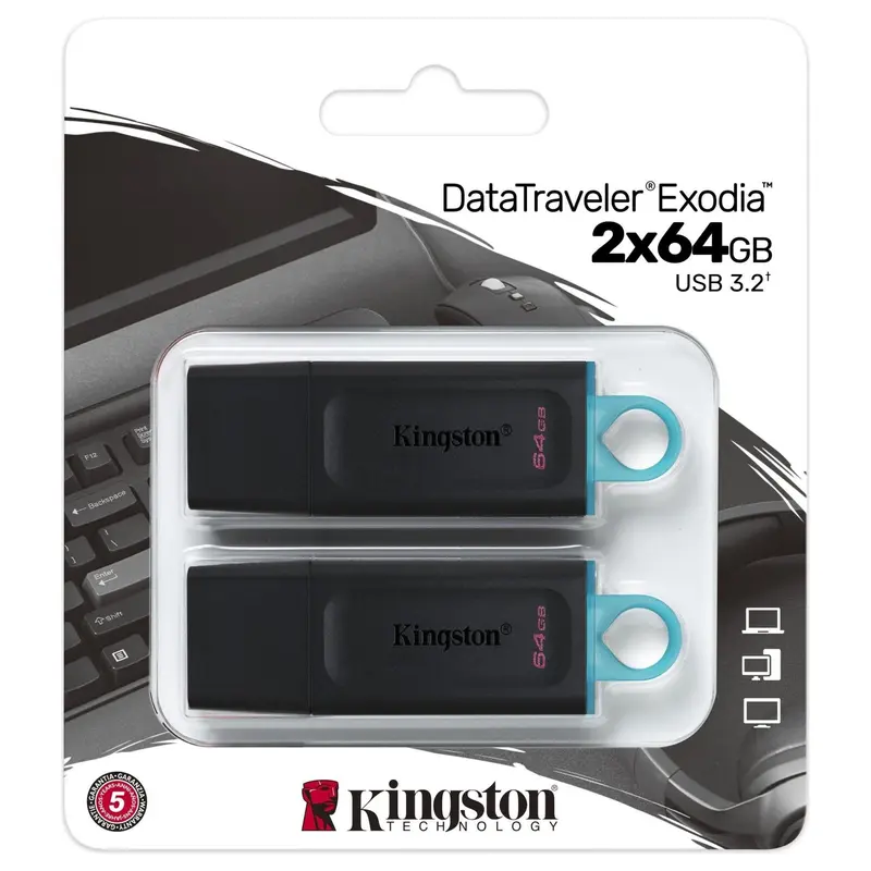Kingston 64 GB DT EXODIA USB3.2 GEN 1 (ZWART + TEAL) 2 STUKS