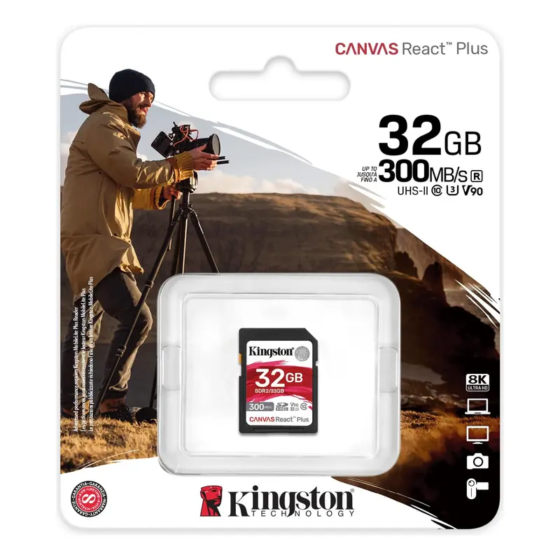 Kingston Canvas React Plus 32GB SDHC-geheugenkaart UHS-II 300R/260W U3 V90 voor Full HD/4K/8K - SDR2/32GB
