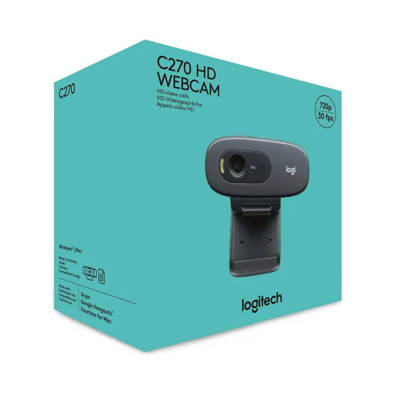Logitech C270 HD Webcam, HD 720p/30fps, breedbeeld HD-video-oproep, HD lichtcorrectie, ruisonderdrukkende microfoon, voor Skype, FaceTime, Hangouts, WebEx, PC/Mac/Laptop/Macbook/Tablet - Grijs, 1 stuk