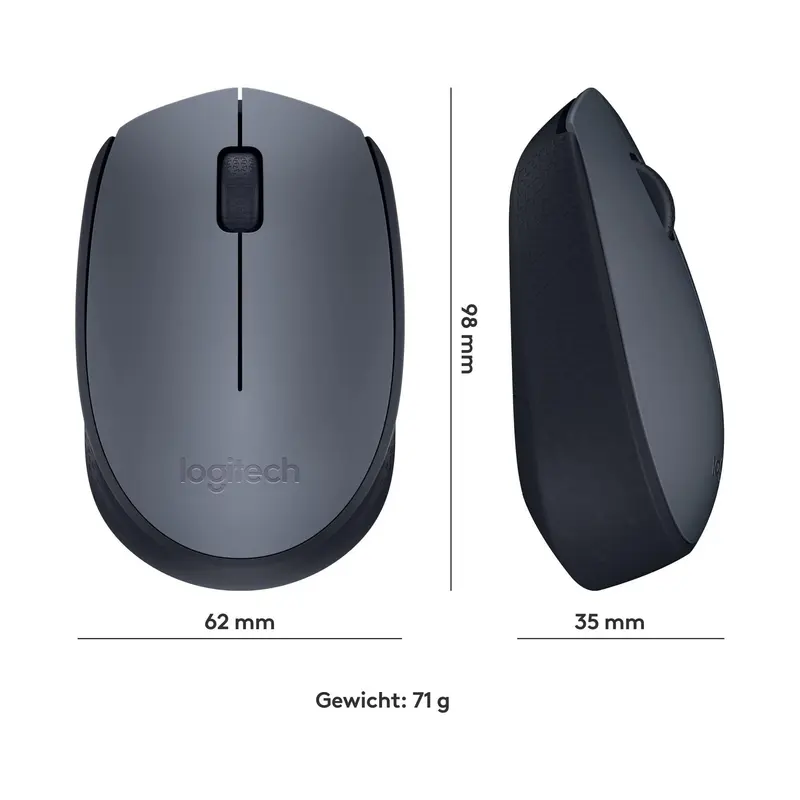 Logitech M170 draadloze muis, 2,4 GHz met USB-nano-ontvanger, optische tracking, batterijduur van 12 maanden, tweehandig, pc/Mac/laptop, zwart/grijs