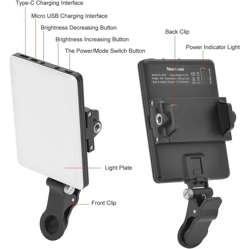 Newmowa LED 60 Professional Video Lamp, 3200-5600K 3 Light Modes and Brightness 10 Levels Dimmable CRI95 + Ultra-Thin Panel Light for Phone, iPhone, Android, iPad, Laptop