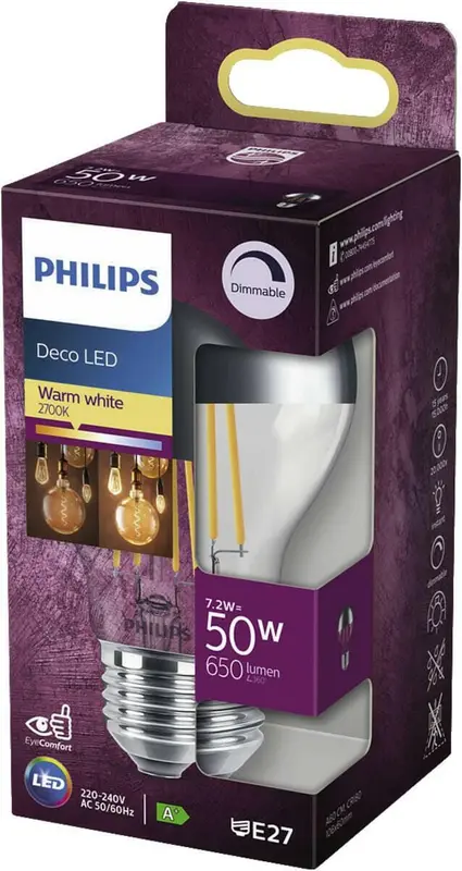 Philips Deco LED E27 7,2W 50W 2700K 650Lm Classic Helder
