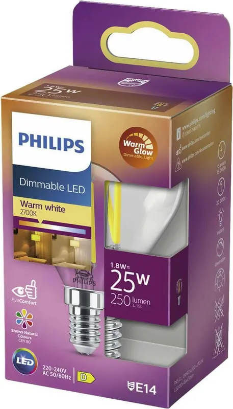 Philips Dimmable LED E14 1,8W 25W 2700K 250Lm Kogel Helder