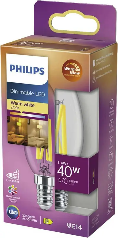 Philips Dimmable LED E14 3,4W 40W 2700K 470Lm Kaars Helder