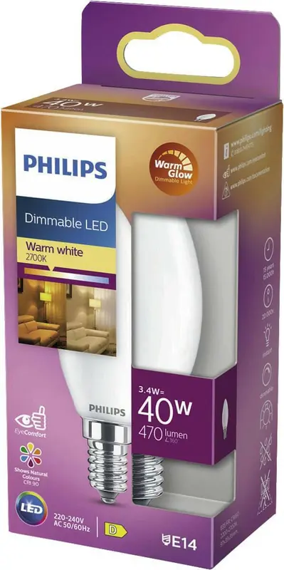 Philips Dimmable LED E14 3,4W 40W 2700K 470Lm Kaars Mat