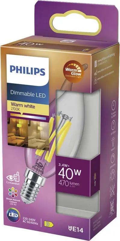 Philips Dimmable LED E14 3,4W 40W 2700K 470Lm Kaarstip Helde