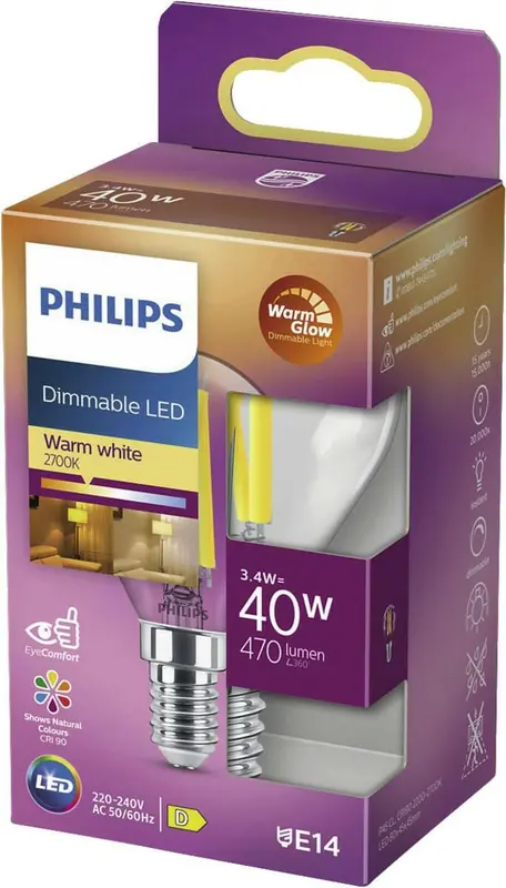 Philips Dimmable LED E14 3,4W 40W 2700K 470Lm Kogel Helder