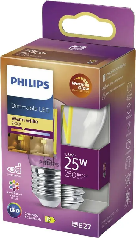 Philips Dimmable LED E27 1,8W 25W 2700K 250Lm Kogel Helder