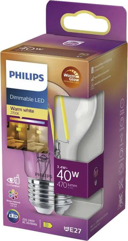 Philips Dimmable LED E27 3,4W 40W 2700K 470Lm Kogel Helder