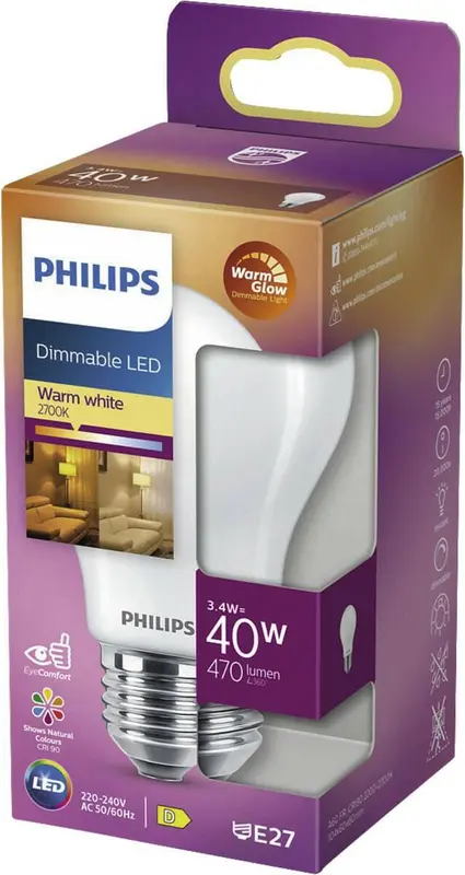Philips Dimmable LED E27 3,4W 40W 2700K 470Lm Kogel Mat