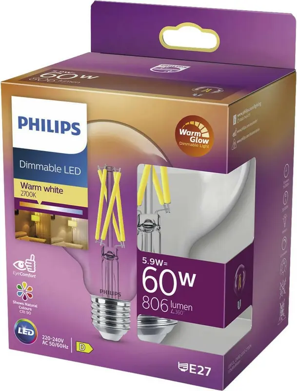 Philips Dimmable LED E27 5,9W 60W 2700K 806Lm Bol Helder