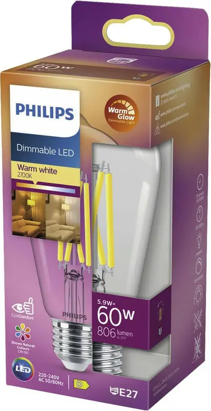Philips Dimmable LED E27 5,9W 60W 2700K 806Lm Edison Helder