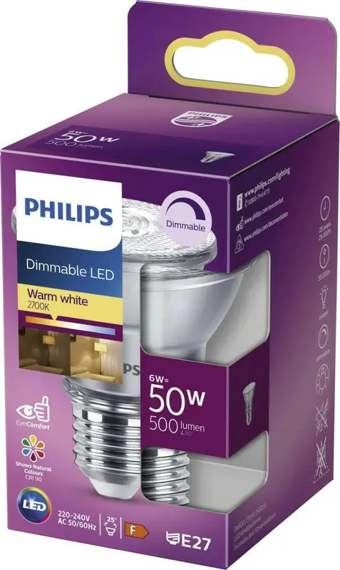 Philips Dimmable LED E27 6W 50W 2700K 500Lm Reflector