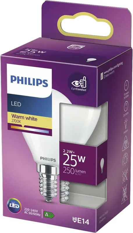 Philips LED E14 2,2W 25W 2700K 250Lm Kogel Mat