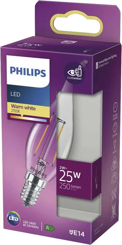 Philips LED E14 2W 25W 2700K 250Lm Kaarstip Helder