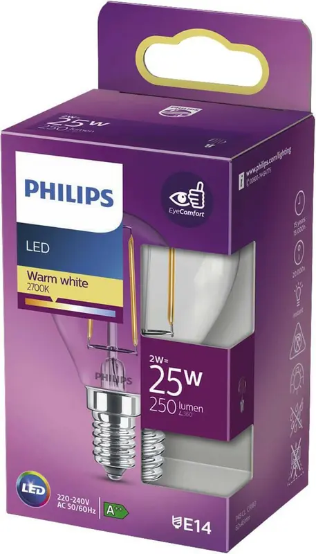 Philips LED E14 2W 25W 2700K 250Lm Kogel Helder