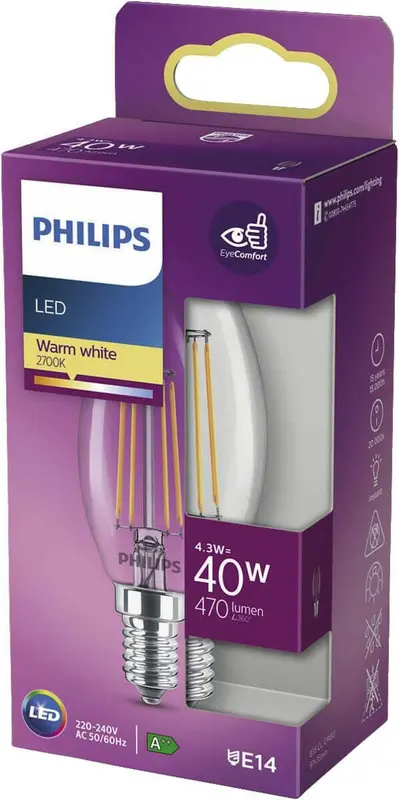 Philips LED E14 4,3W 40W 2700K 470Lm Kaars Helder