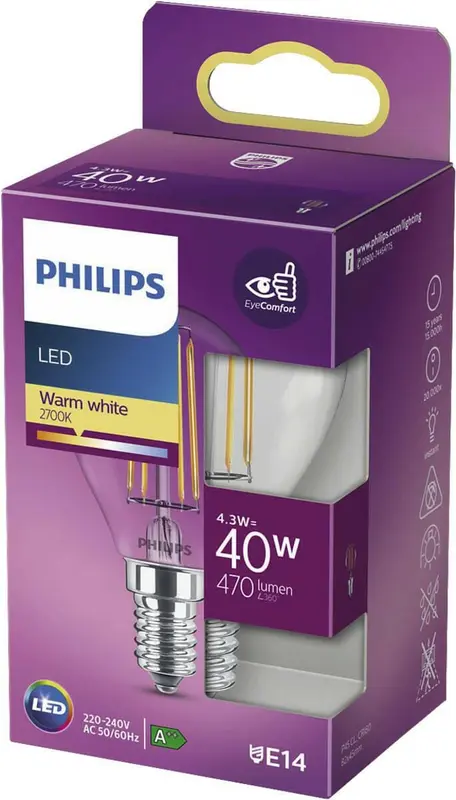 Philips LED E14 4,3W 40W 2700K 470Lm Kogel Helder