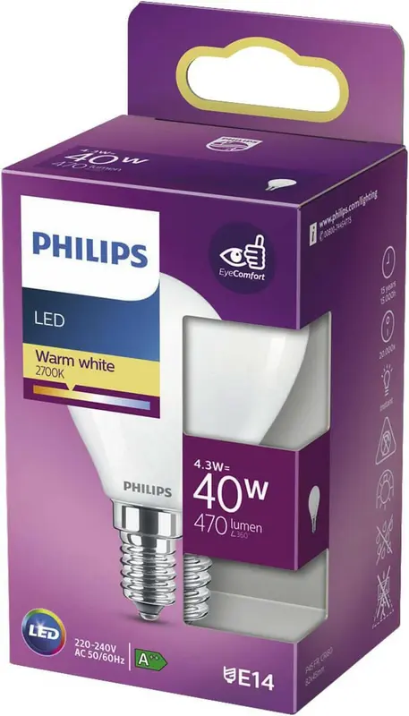 Philips LED E14 4,3W 40W 2700K 470Lm Kogel Mat