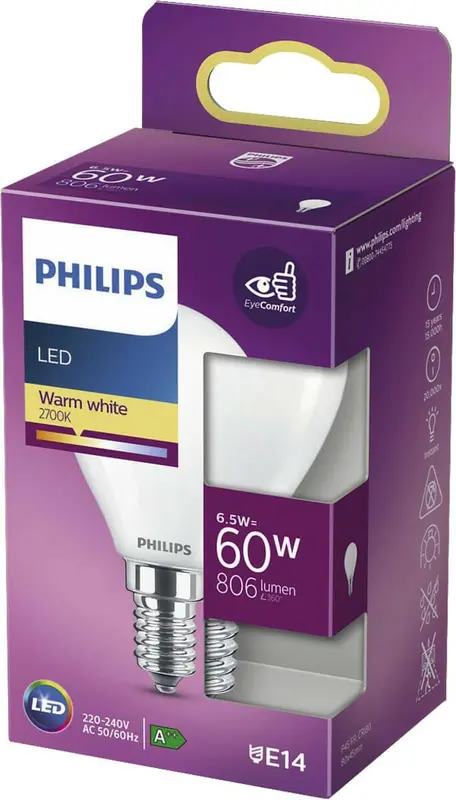 Philips LED E14 6,5W 60W 2700K 806Lm Kogel Mat