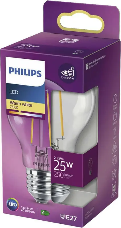 Philips LED E27 2,2W 25W 2700K 250Lm Kogel Helder