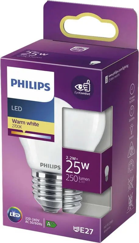 Philips LED E27 2,2W 25W 2700K 250Lm Kogel Mat