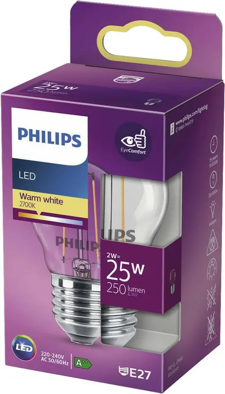 Philips LED E27 2W 25W 2700K 250Lm Kogel Helder