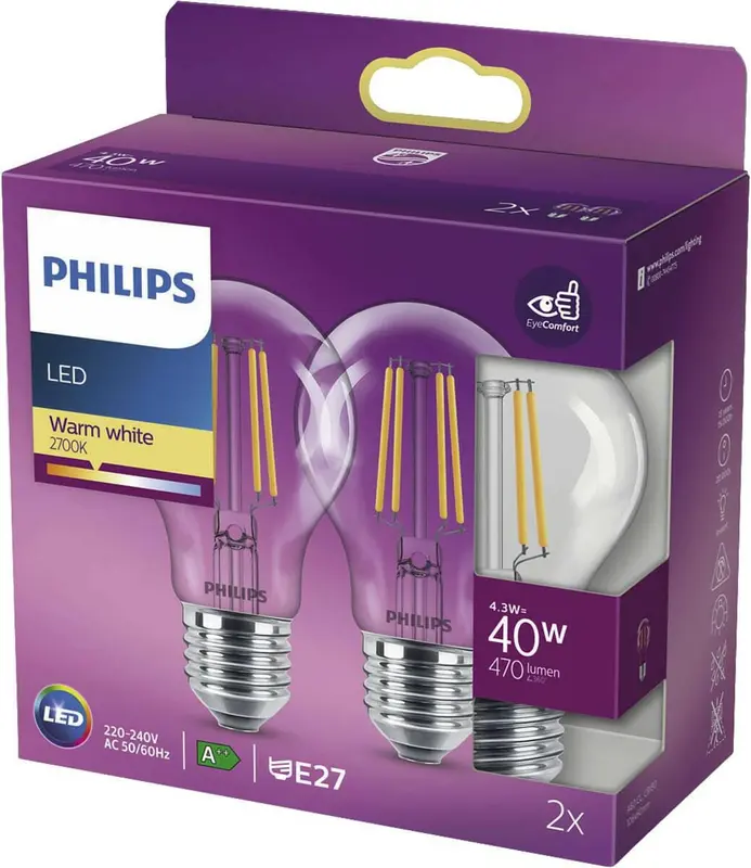Philips LED E27 4,3W 40W 2700K 470Lm Kogel Helder 2-Pack