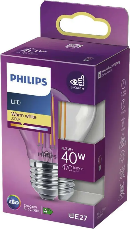 Philips LED E27 4,3W 40W 2700K 470Lm Kogel Helder
