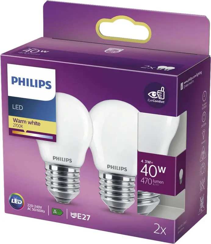 Philips LED E27 4,3W 40W 2700K 470Lm Kogel Mat 2-Pack