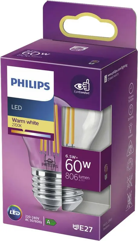 Philips LED E27 6,5W 60W 2700K 806Lm Kogel Helder