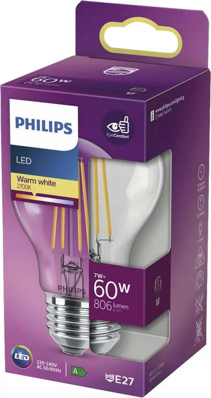Philips LED E27 7W 60W 2700K 806Lm Kogel Helder