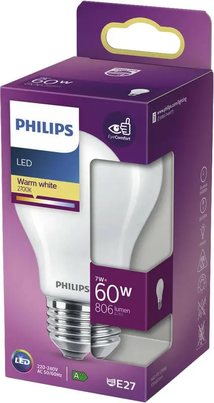 Philips LED E27 7W 60W 2700K 806Lm Kogel Mat