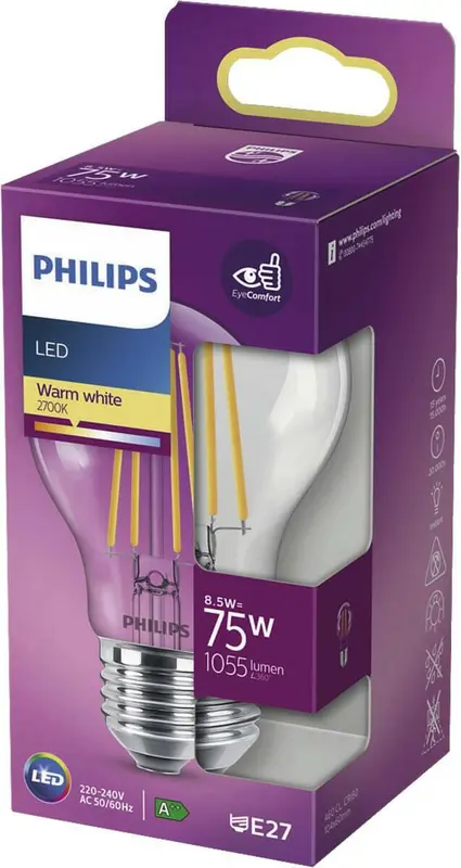 Philips LED E27 8,5W 75W 2700K 1055Lm Kogel Helder