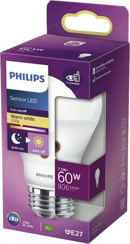 Philips Sensor LED E27 7,5W 60W 2700K 806Lm Kogel Mat