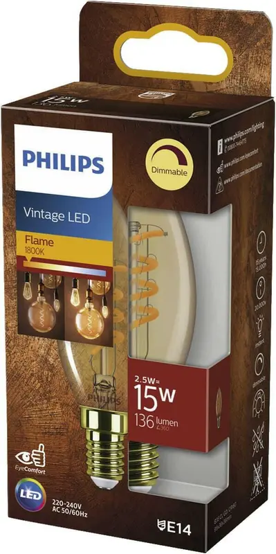 Philips Vintage LED Flame E14 2,5W 15W 1800K 136Lm Kaars