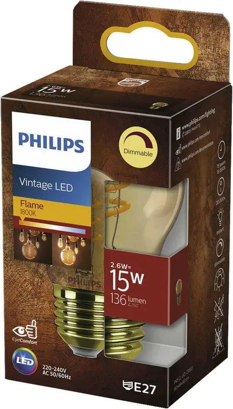Philips Vintage LED Flame E27 2,6W 15W 1800K 136Lm Kogel