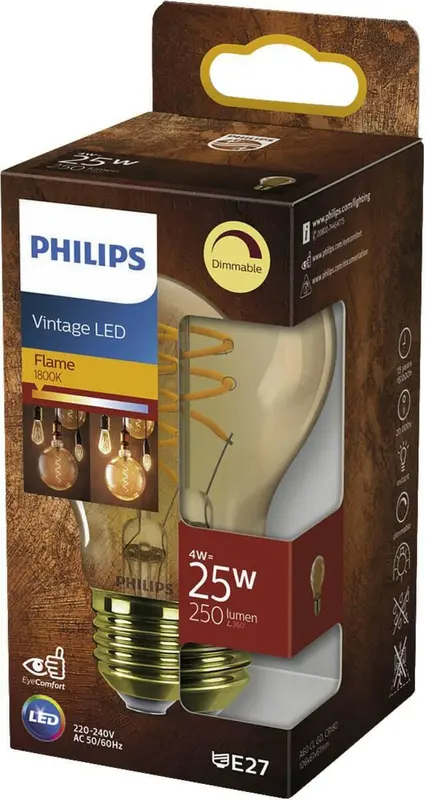 Philips Vintage LED Flame E27 4W 25W 1800K 250Lm Kogel