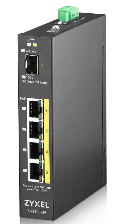 RGS100-5P 5 Port unmanaged PoE Switch 120 Watt PoE D IN Rail IP30 12-58V DC