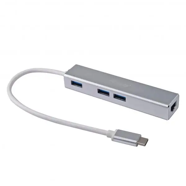 Rust de 133481 USB-C naar 3-poorts USB 3.0-hub uit met een Gigabit-adapter