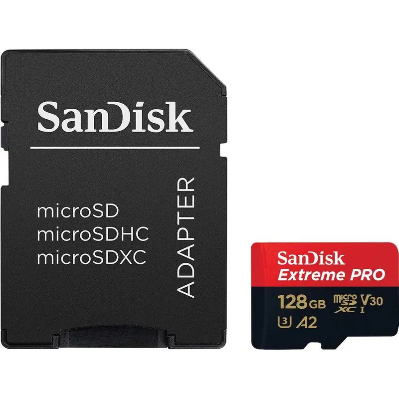 SanDisk Extreme PRO 128GB MicroSDXC UHS‐I Card with SD Adapter (A2 App Performance, 2 Year RescuePRO Deluxe Software, Read Speeds Up to 200MB/s, Class 10, UHS-I, U3, V30, 30 Year Warranty) Black