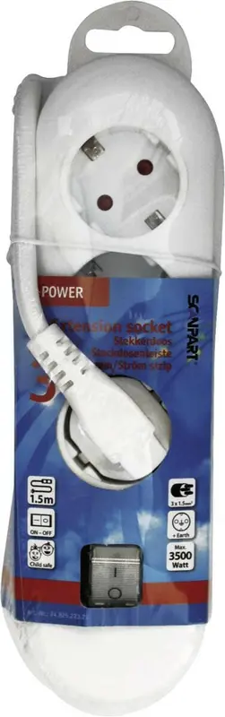 Scanpart Verlengdoos 3-Voudig RA + Schakelaar 1,5m wit